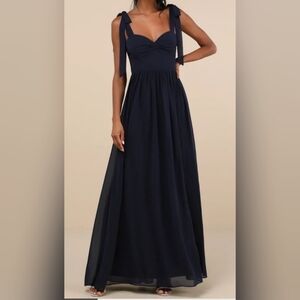 Lulus Radiant Charisma Navy Chiffon Ruched Tie-Strap Maxi Dress Size 3X NWOT